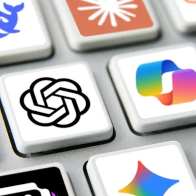 Teclado con logotipos de ChatGPT, Copilot, Claude, Gemini y otros modelos de inteligencia artificial.