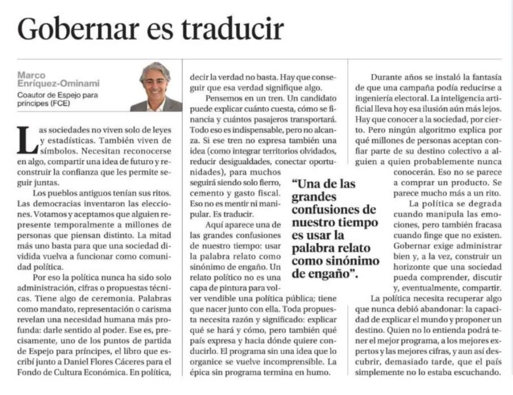 Columna Gobernar es traducir de Marco Enríquez-Ominami en el diario La Segunda.